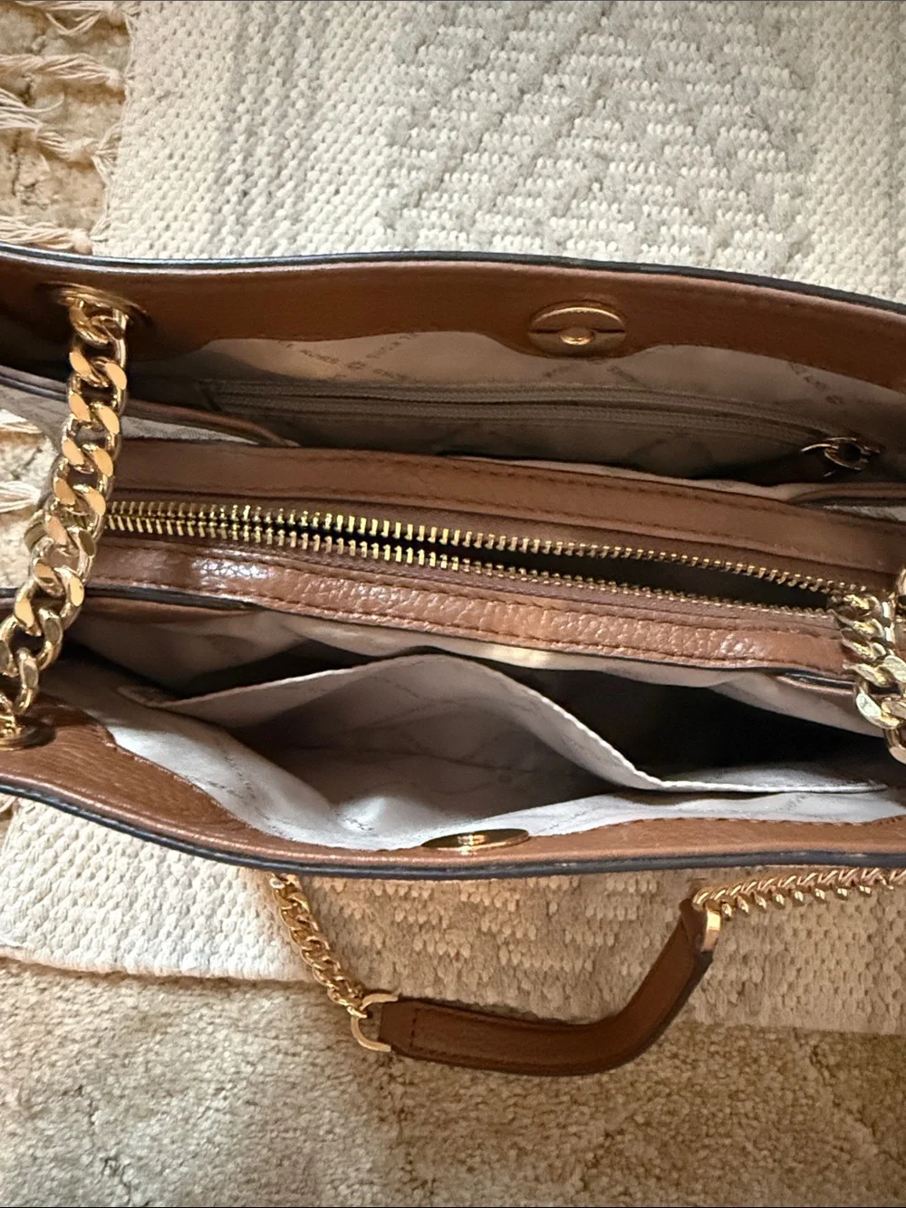 Michael Kors White MK Signature Shoulder Bag with Gold Chain